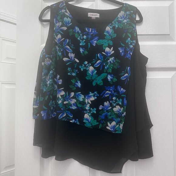 Black Floral Calvin Klein Layered Hem Asymmetrical Blouse Size XL - Picture 1 of 4